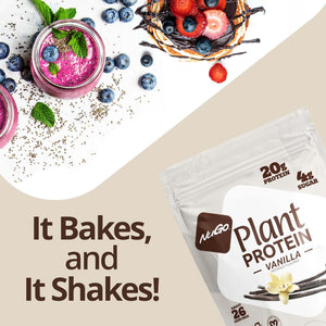 NuGo plant protein package with berry smoothie and berries stating It Bakes, and It Shakes