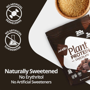 NuGo Plant Protein Chocolate package  featuring 'No Artificial Sweeteners' and 'Naturally Sweetened' text.