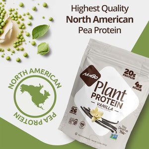 Nugo Plant Protein Vanilla package with peas and vanilla beans stating Highest Quality North American Pea Protein