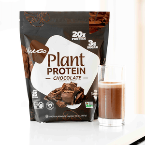 NuGo Plant Protein Chocolate package with a glass of chocolate shake
