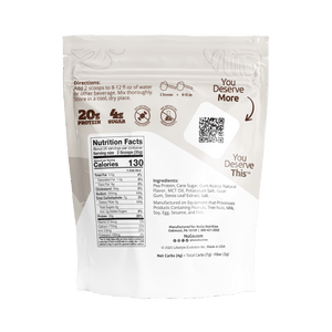 Back of a protein powder package with nutritional information and branding 