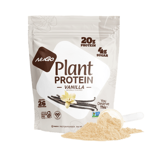 NuGo Plant Protein Vanilla package with scoop of protein powder 
